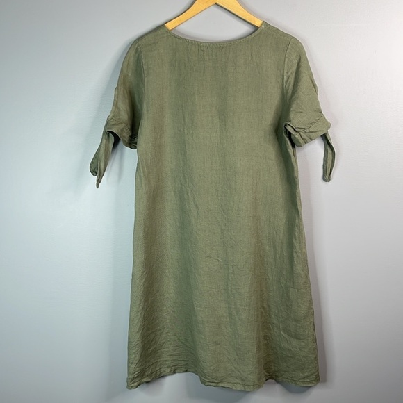 TERZO MILLENNIO Linen Shift  Dress Sage Green Tied Short Sleeves Coastal Loose S - Picture 6 of 11